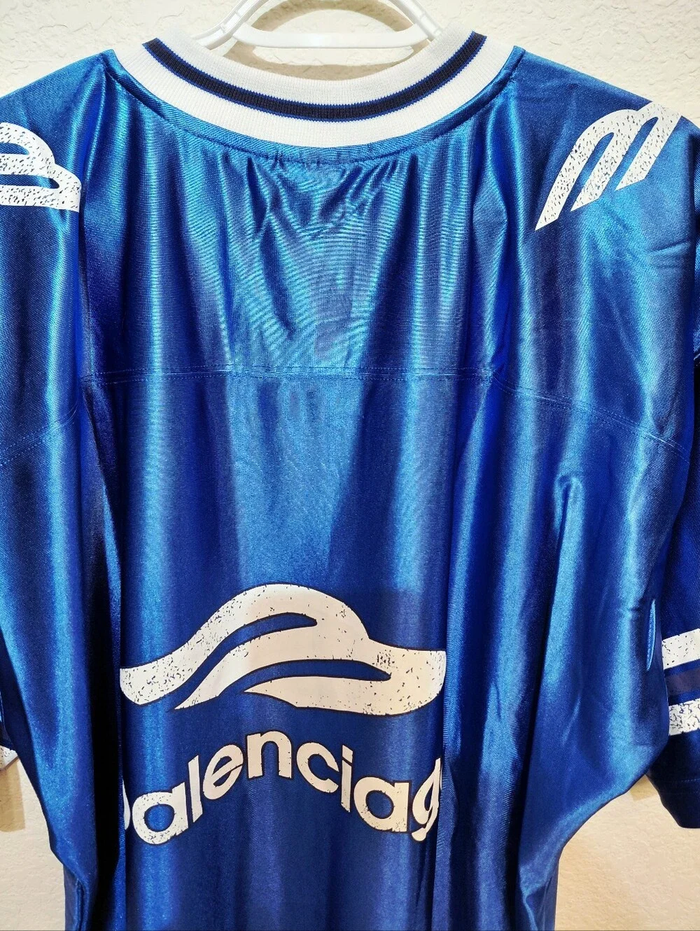 Authentic Balenciaga 3B Blue Logo Athletic Shiny Jersey with White Trim Large - Picture 9 of 10